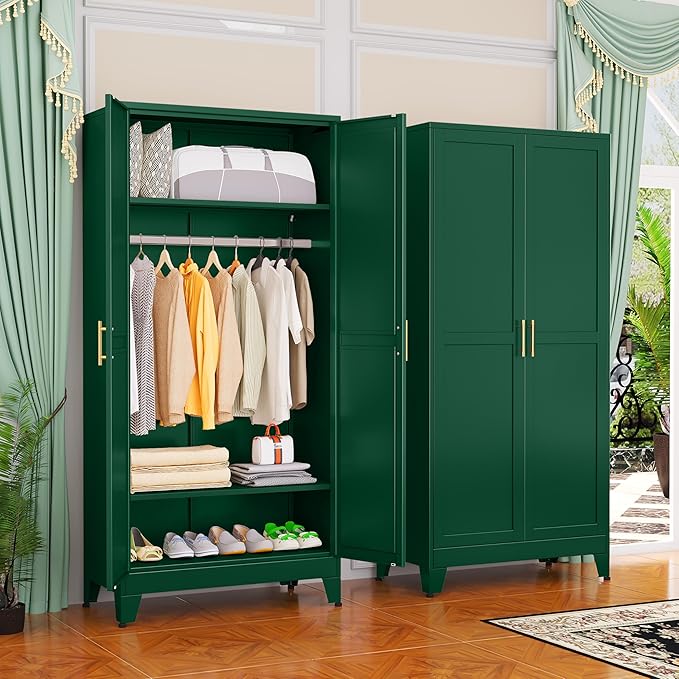 Metal Wardrobe Cabinet with Hanging Rod, 71" Metal Clothing Storage Cabinets with 2 Doors and Adjustable Shelves, Green Armoire Wardrobe Closet for Bedroom, Laundry Room, Cloak Room