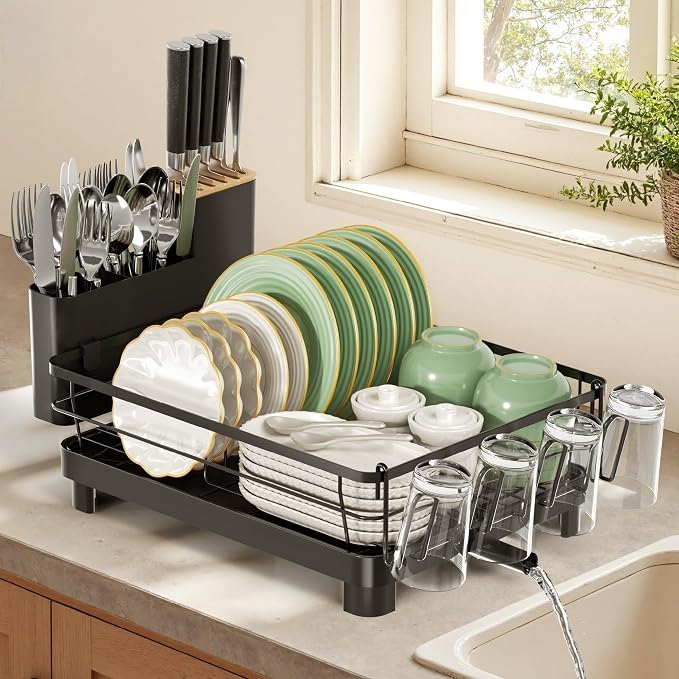 Runnatal Dish Drying Rack, Stainless Steel Dish Rack with Drainboard for Kitchen Counter and Sink, Large Capacity Dish Drainer, Detachable 2-in-1 Utensil Holder, Cup Holder, Black