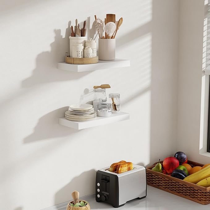 Acovy 16 Inch Floating Shelves, 8 Inch Deep Floating Shelves for Wall, Hanging Shelf with Invisible Brackets, Deep Shelves for Bathroom, Bedroom, Living Room, White, Set of 2