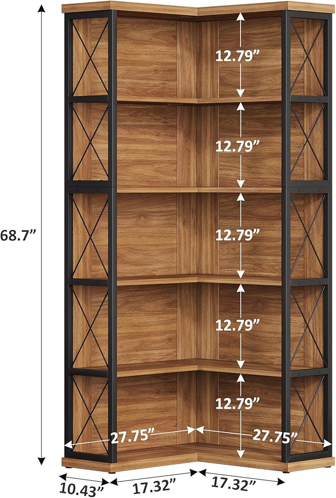 Condemo 5-Tier L Shaped Bookshelf, Vintage Industrial Corner Bookcase, Large Tall Storage Shelves Display Rack with Metal Frame for Living Room, Home Office, Bedroom, Light Brown