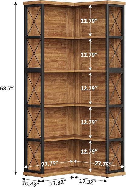 Condemo 5-Tier L Shaped Bookshelf, Vintage Industrial Corner Bookcase, Large Tall Storage Shelves Display Rack with Metal Frame for Living Room, Home Office, Bedroom, Light Brown