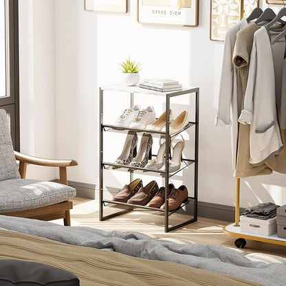 Garden 4 you 4 Tiers Narrow Shoe Rack,Small Space Freestanding Shoe Storage Organizer with White Wooden Tabletop,Adjustable Metal Shelf Stackable Shoe Shelf for Entryway Hallway Living Room Closet