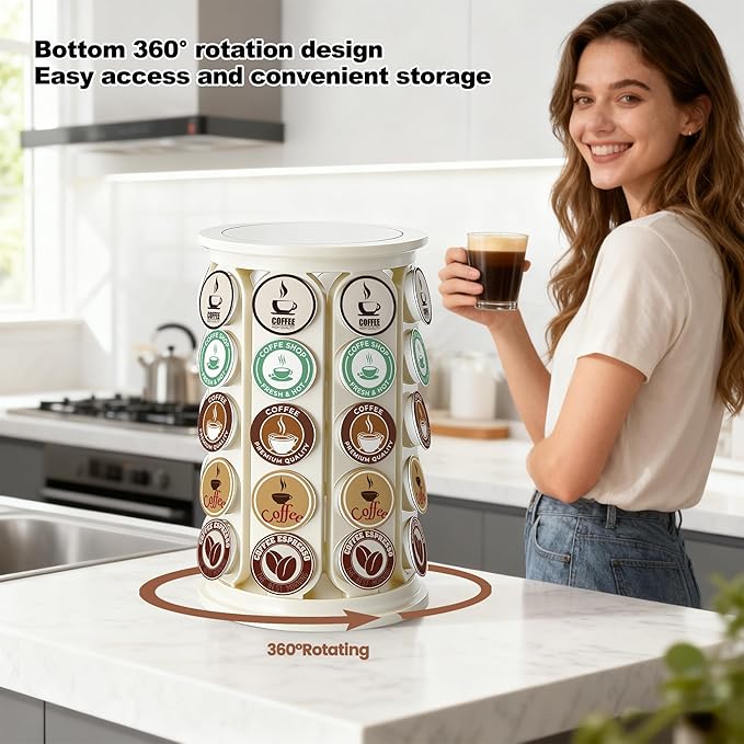 K Cup Holder, Coffee Pod Storage Carousel Stand Compatible with 40 Keurig K-Cup Pods, Home or Office Kitchen Counter Space-Saving Organizer (White)