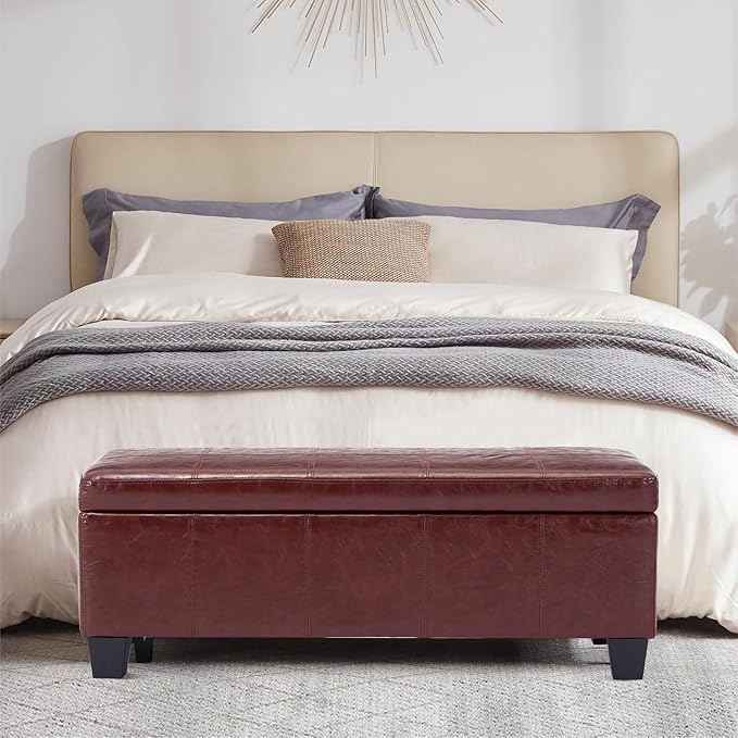 41" Storage Ottoman Bench, Faux Leather Storage Foot Rest with Safety Hinge, Load up to 660 lb Upholstered Tufted Entryway Bench with Seating for Living Room, Bedroom, Brown