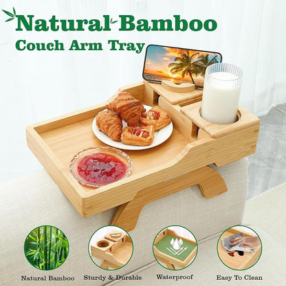 GHKINMAL Bamboo Couch Cup Holder, 4 in 1 Couch Arm Trays with 360°Rotated Phone Holder, Non-Slip Clip on Side Table for Drinks/Remote/Snacks, Ideal Gift for Husband, Wife, Parents