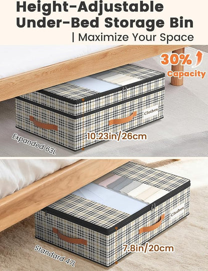 TOSKING 2-Pack Under Bed Storage Drawers with Wheels, 6 Vacuum Bags, Adjustable Height 7.9-10.2", 63L/80 lbs Clear Lid Rolling Bin, 900D Oxford, Space Saver for Dorm Bedroom Clothes Shoes, Houndstooth