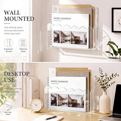 2 Pack Scalloped Acrylic File Holder Wall Mount Self Adhesive, 13 x 9.5 Inch Brochure Holder for A4 Pocket Storage Letter Folders Magazine Mail Organizer Literature Display