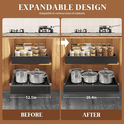 Seinloes 6 Pack Expandable Pull Out Cabinet Organizer 21"Deep With Raising Pad for Framed Cabinets,Upgrade 3 Slide Rails Slide Out Drawers,No Drill Roll Out Shelves,Adjustable Width 12.1"-20.4" Black
