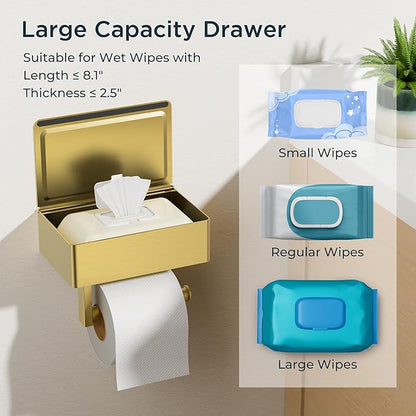 FORIOUS Toilet Paper Holder with Shelf, Sanitary Napkin Receptacle Tampon Holder, Wall Mount Toilet Paper Holder with Storage, Flushable Wipes Dispenser Fits for Bathroom Commercial(1, Brushed Gold)