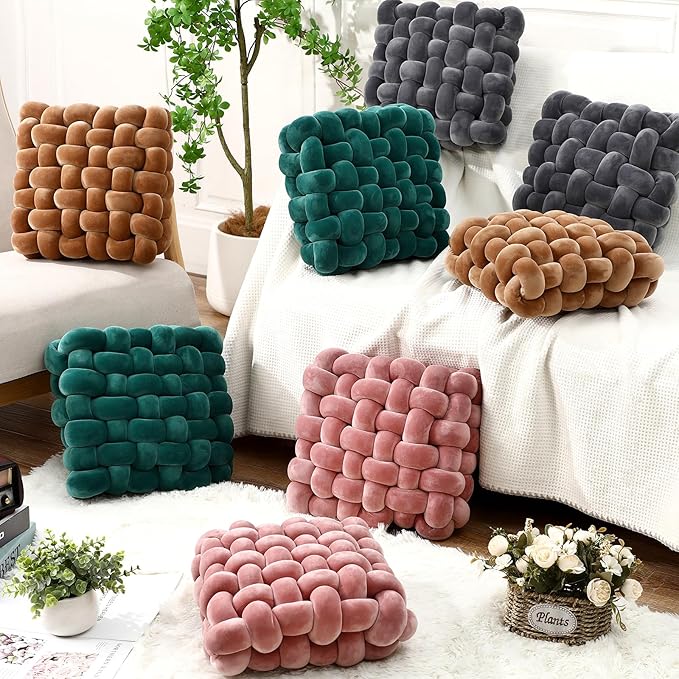 Wenqik 2 Pcs Knot Pillows Square Knotted Plush Throws Soft Accent Pillows Decoration Cushion for Couch Home Office Living Room Bedroom Bed Sofa Decor, 12'' x 13''(Dark Green,Crystal Velvet)