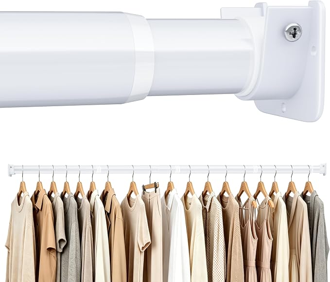 STARLATTA Heavy Duty White Closet Rod: 17-69 Inch Stepless Adjustable Clothes Hanging Bar, 1.3" Diameter Metal Wardrobe Pole with Brackets, No-Cut, for Laundry & RV