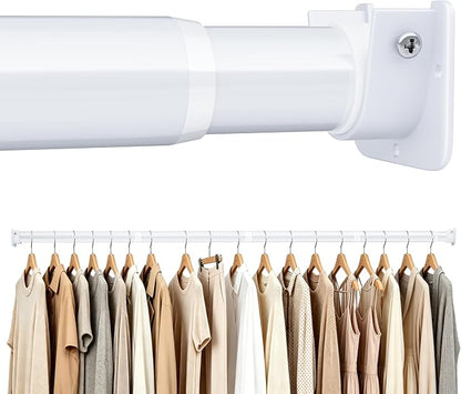 STARLATTA Heavy Duty White Closet Rod: 17-69 Inch Stepless Adjustable Clothes Hanging Bar, 1.3" Diameter Metal Wardrobe Pole with Brackets, No-Cut, for Laundry & RV