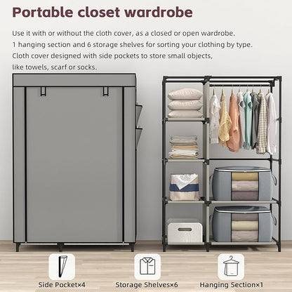 Calmootey Portable Closet, Wardrobe with 6 Shelves and Hanging Rod, Storage Organizer for Bedroom, Non-Woven Fabric Cover with 4 Side Pockets, Includes 2 Storage Bags for Clothes, Grey