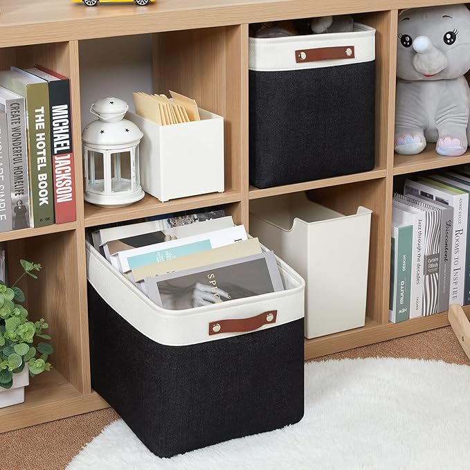 HNZIGE Decorative Organizer Baskets for Shelves 16"×11.8"×11.8" Large Storage Bins with Leather Handles (2 Pack) Foldable Storage Basket for Storage Bedroom, Balcony, Home, Laundry (Black&White)