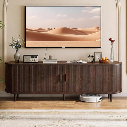 58" Mid Century Modern TV Stand with Power Outlet, Fluted Entertainment Center with Storage and Adjustable Shelves, Wood TV Console with Sliding Doors for Living Room, Walnut