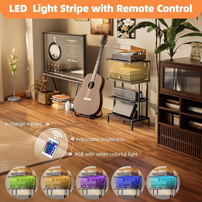 Aquzee Game Console Shelf, 4-Tier Video Gaming Consoles Stand with Outlet & RGB Light, Small Media Entertainment Center for Audio Stereo Storage Organizer Playroom Furniture, Stereo Stands and Racks