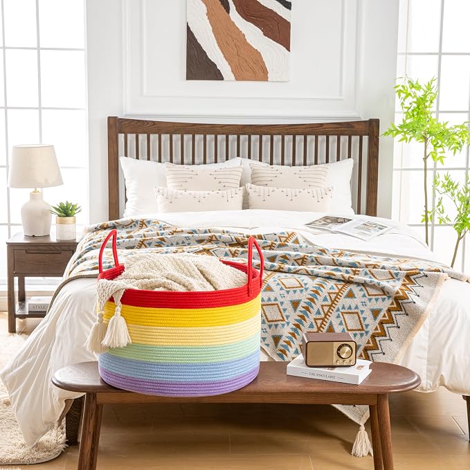 KAKAMAY Large Blanket Basket (20"x13"),Woven Baskets for storage Baby Laundry Hamper, Cotton Rope Blanket Basket for Living Room, Laundry, Nursery, Pillows, Baby Toy chest (Rainbow)