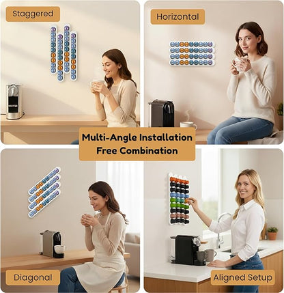 Bamboo Coffee Pod Holder, Adhesive Wall Mount (No Drilling) for Cabinet Door, 36-Capsule Storage (Set of 4) — Vertical/Horizontal — Compatible with Nespresso Original Line-White