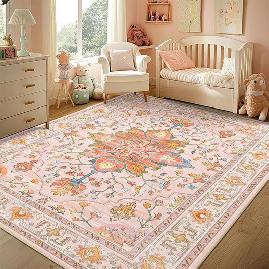 RELEANY Area Rugs 5'x7' Washable Non-Slip, Floral Vintage Distress Medallion Carpet for Living Room Bedroom Dining Room, Light Pink Colorful