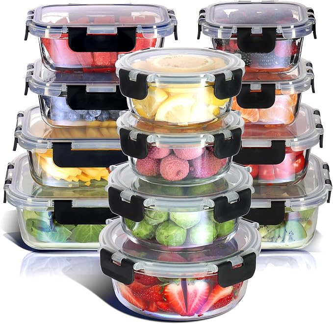 Nestl 24pc Glass Storage Containers with Lids, 12 Glass Food Storage Containers with 12 Airtight Lids for Pantry & Kitchen, Meal Prep Containers for Lunch, Oven Microwave & Dishwasher Safe, Black