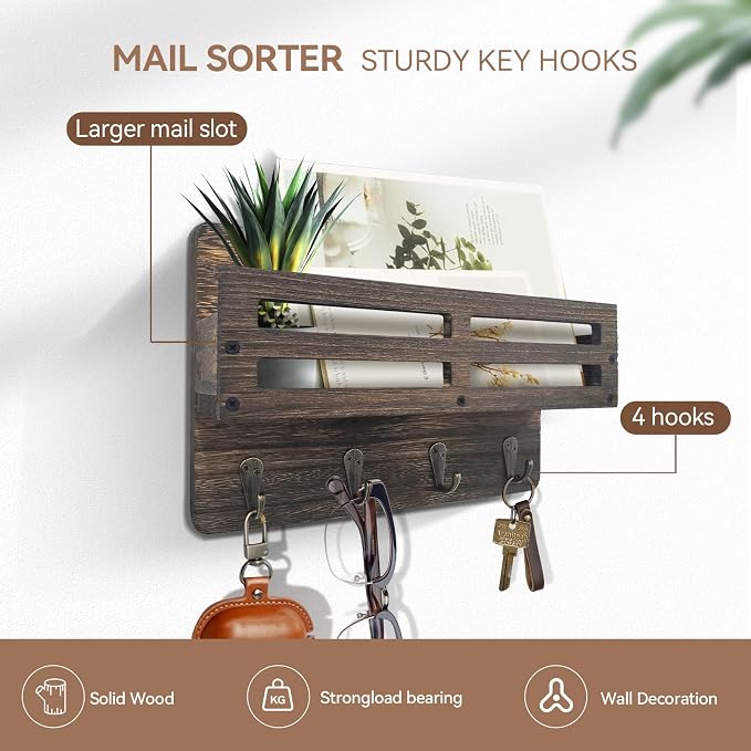 Key Holder Wall Mount Farmhouse Key Hooks for Wall with Mail Organizer Decorative Key Rack with 4 Sturdy Hooks for Dog Leash, Sunglasses, Rustic, Paulownia Key Hanger for Entryway, Brown