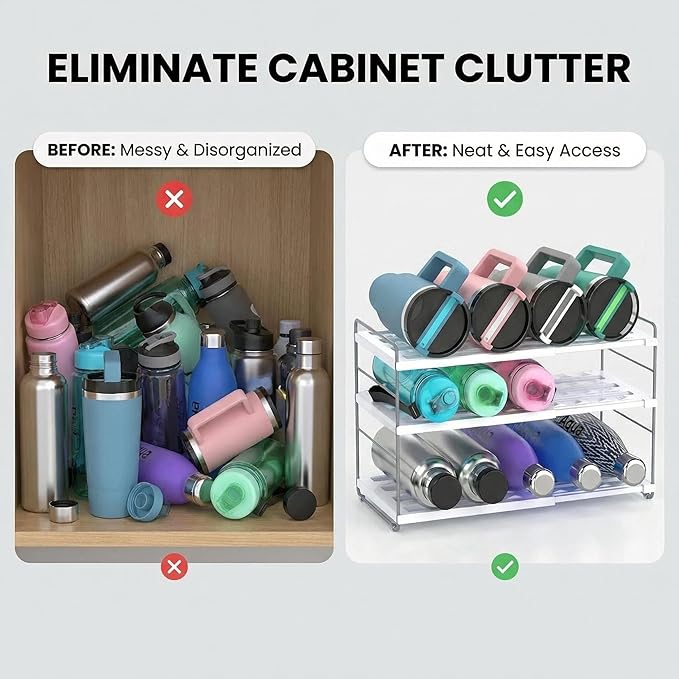 YAN & HIN Expandable Water Bottle Organizer for Cabinet, 3 Tier Tumbler Organizer, Adjustable Bottle Holder for Stanley, Hydro Flask, Kitchen Pantry Storage Rack (2 Pack)