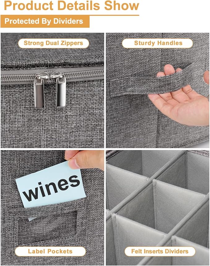 punemi Wine Glass Storage Box, Glassware Storage Containers w/Hard Shell Side Bottom Support & Padded Dividers, Stackable Stemware Storage Case for 24 China Crystal Glasses Drinkware, Moving Supplies