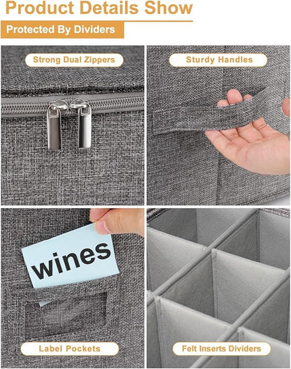 punemi Wine Glass Storage Box, Glassware Storage Containers w/Hard Shell Side Bottom Support & Padded Dividers, Stackable Stemware Storage Case for 24 China Crystal Glasses Drinkware, Moving Supplies