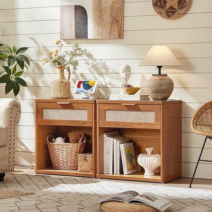 LEYAOYAO Rattan Nightstand with Charging Station, Tea Brown Night Stand with Drawer, 23" Wide Boho Bedside Table with Storage Shelf, Bed Side End Tables for Bedroom, Living Room, Hallway
