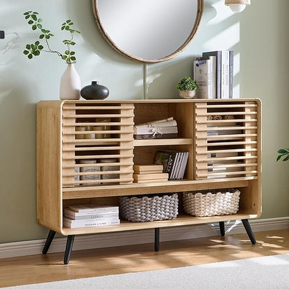 OKD 46" Console Sofa Table with Sliding Slatted Door, Modern Wood Coffee Bar w/Adjustable & Open Storage Shelf, Buffet Sideboard for Kitchen, Living Room, Entryway, Hallway, Foyer, Natural Oak