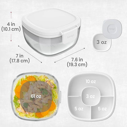Bentgo Glass Salad Container - 7.6-Cup Salad Bowl with Airtight Lid, Leak-Proof Sauce Container, 4-Compartment Bento Tray & Reusable Fork - BPA-Free for Meal Prep, Office & More (White)