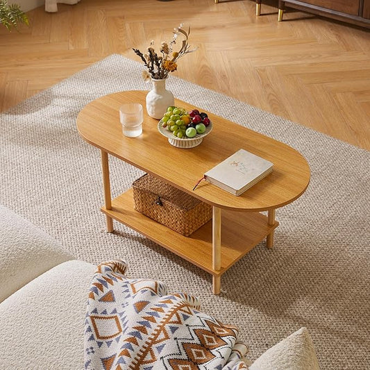 Aibiju Wooden Tea Table Small Coffee Table, 2 Tier Coffee Table for Living Room, 35x16x17inch Tea Table Stand with Storage Shelf Natural Wood Color YD-012N