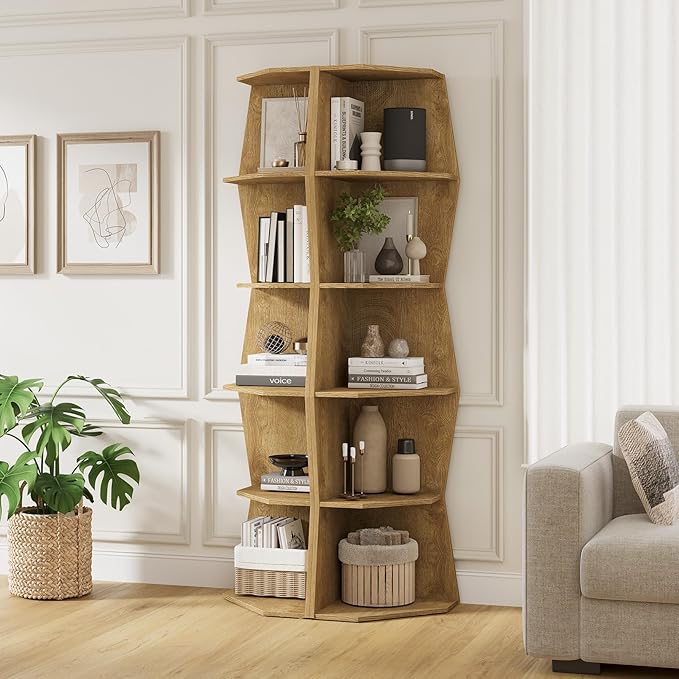 Vividwood Wavy Corner Shelf, Modern 6-Tier Irregular Wooden Corner Bookshelf, Narrow Tall Display Bookcase for Living Room, Bedroom