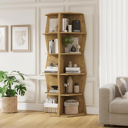 Vividwood Wavy Corner Shelf, Modern 6-Tier Irregular Wooden Corner Bookshelf, Narrow Tall Display Bookcase for Living Room, Bedroom
