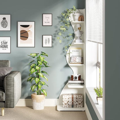 Tribesigns Corner Shelf, Modern 5-Tier Wall Corner Bookshelf, Stylish Corner Small Bookcase Storage Rack Plant Stand with Unique Shape for Living Room, Home Office (White, 1PC) | Stylish, Storage Rack, Plant Stand, Unique Shape, Living Room, Home Office