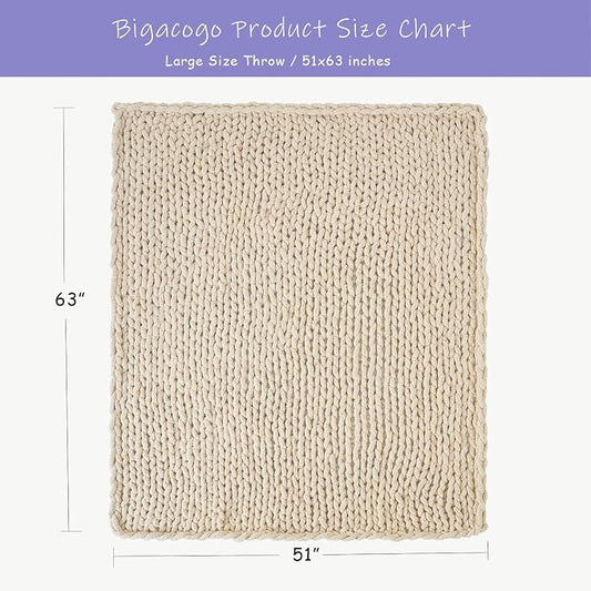 Bigacogo Chunky Knit Throw Blanket for Couch, 51x63 inches, 100% Hand Knitted with Thick Jumbo Chenille Yarn, Cozy Soft Large Rope Knot Cable Crochet Blankets for Sofa Bed Living Room, Beige