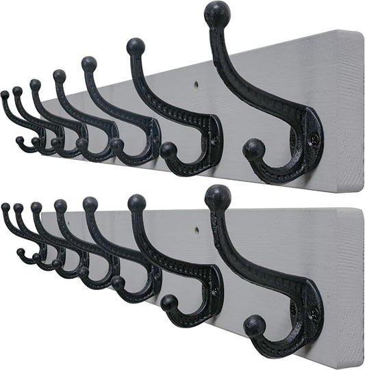 WEBI Rustic Coat Rack Wall Mount,30" Long 7 Cast Iron Coat Hooks Wall Mounted,Heavy Duty Wood Wall Coat Hanger Hooks for Hanging Coats,Jacket,Clothes,Backpack,Farmhouse,Gray,2 Packs