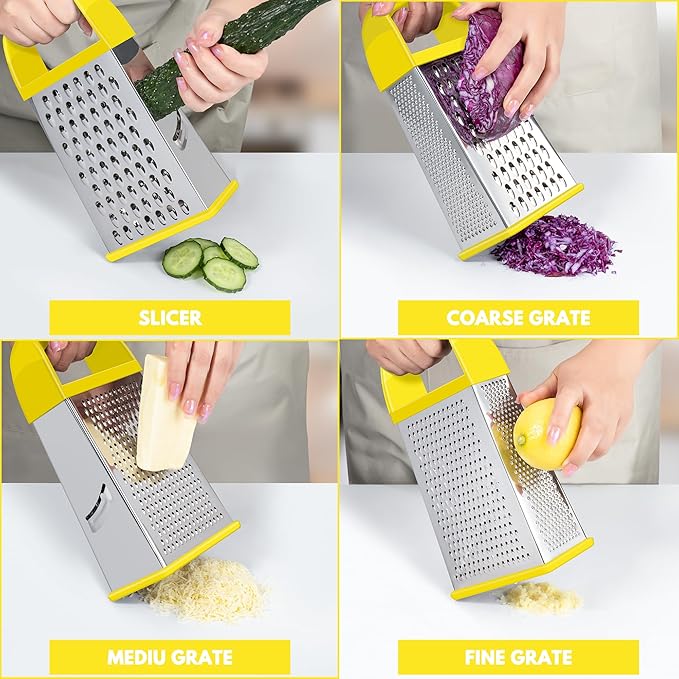 Urbanstrive Cheese Grater With Container, Professional Cheese Grater with Handle, Stainless Steel Graters for Kitchen Handheld, Box Grater with 4 Sides for Vegetables, Ginger, Potatoes (Yellow)