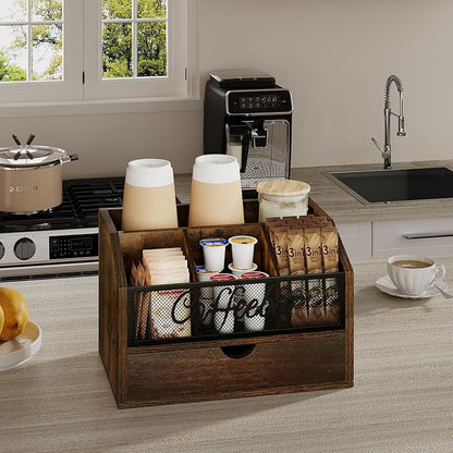 YINMIT Coffee Station Organizer with Drawer for Countertop, Wood Coffee Bar Organizer with Removable Dividers for Pods, Syrup, Cups, Stirrer, Tea, Iron Mesh-Vintage Brown, 2 Tier