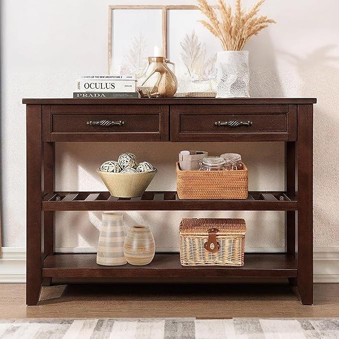 LKTART Solid Wood Console Table Sofa Tables with Drawers and Shelves Small Entryway Table for Living Room,Decorative,Foyer(42" Espresso)