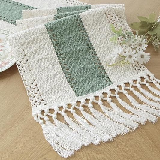 FEXIA Sage Green Table Runner 36 Inches Long with Tassels Boho for Summer Home Decor Rustic Macrame Farmhouse Table Cover for Wedding Party Bohemian Bridal Shower Dining Decorations(12x36 Inches)