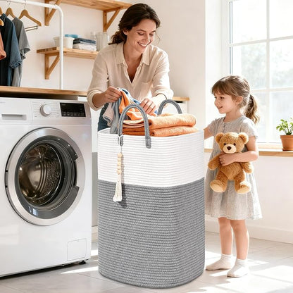 Woven Laundry Basket for Clothes, 100L Large Rectangle Laundry Hampers with Beads Tassel, Nursery Storage Basket for Toys, Tall Dirty Clothes Hamper for Bedroom Aesthetic, Laundry Room Organization