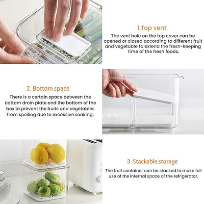 vacane Produce Saver with Folding Lids,2 Piece Fruit Vegetable Storage Container with Vents Stackable Fridge Drawers Organizer Salad Lettuce Keeper For Refrigerator,Bpa-free Fresh Keeper,5.7L&2.8L