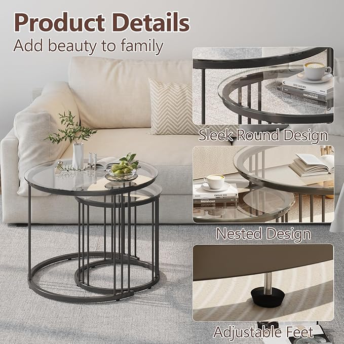 Garden 4 you Nesting Coffee Table, 23.6" Round Coffee Table Set of 2, Glass Nesting Table with Metal Frame, Ceter Tables for Living Room Bedroom Balcony, Black