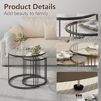 Garden 4 you Nesting Coffee Table, 23.6" Round Coffee Table Set of 2, Glass Nesting Table with Metal Frame, Ceter Tables for Living Room Bedroom Balcony, Black