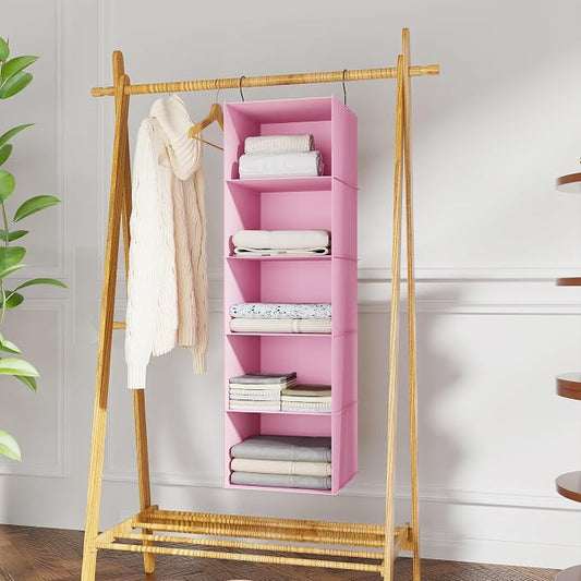 Hanging Closet Organizer 5-Shelf, Oxford Fabric Wardrobe Storage, Pink | Easy-mount foldable design holds clothes, handbags, shoes & accessories; washable Oxford fabric, sturdy and space-saving.