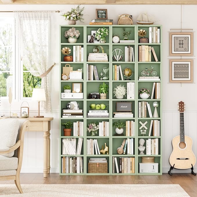 FOTOSOK 8-Tier Media Tower Rack, 11.6 X 9.3 X 70.9 Inches CD DVD Slim Storage Cabinet with Adjustable Shelves, Tall Narrow Bookcase Display Bookshelf for Home Office, Green