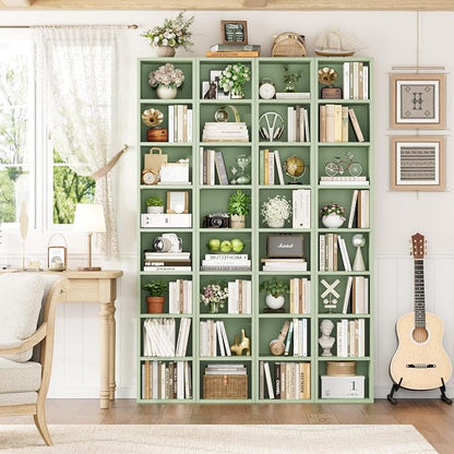 FOTOSOK 2 Pcs 71'' Tall Narrow Bookshelf, 8-Tier Media Tower Rack Set of 2, CD DVD Storage Cabinet with Adjustable Shelves, Tall Narrow Bookcase Skinny Display Bookshelf Slim Shelf, Green