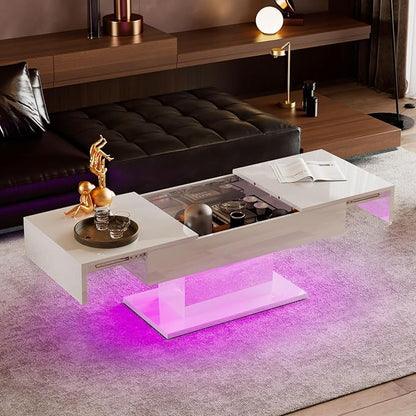 White LED Coffee Table with Storage for Living Room, Living Room Table Rectangular Center Table, Modern High Glossy Wooden Coffee Tables with 16 Colors LED Lights for Dining Reception Room