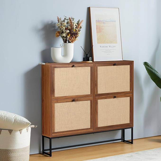 Shoe Cabinet, Shoe Storage Cabinet with 4 Flip Drawers, Freestanding Shoe Organizer Shoe Rack for Entryway, Hallway, Living Room (Walnut - 4 Tiers)